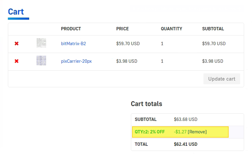 If cart items quantity is not less than 2, get 2% off