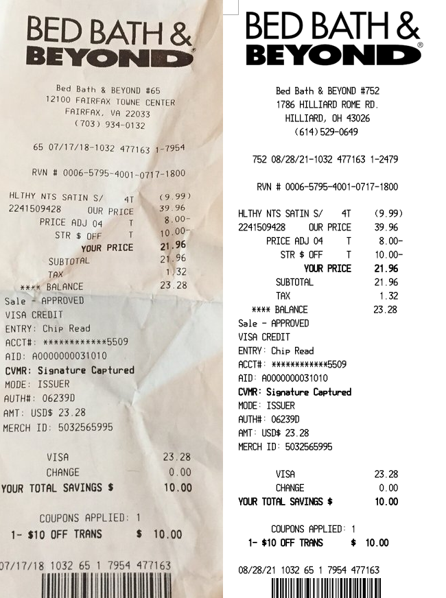 the template reproduced based on the Bed Bath & Beyond receipt prototype