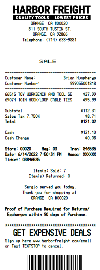 Harbor Freight Receipt Template 1