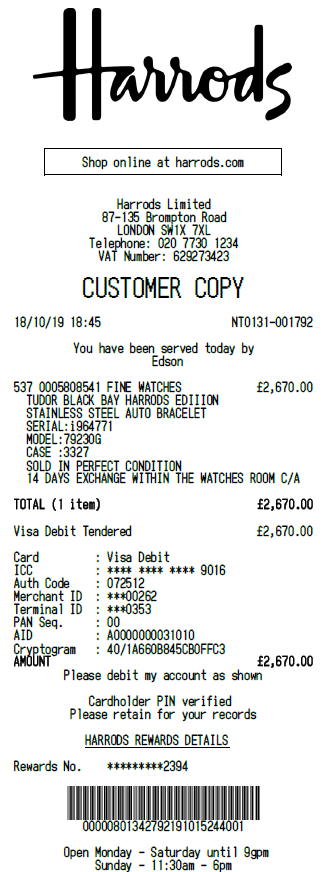 Harrods Receipt Template 1