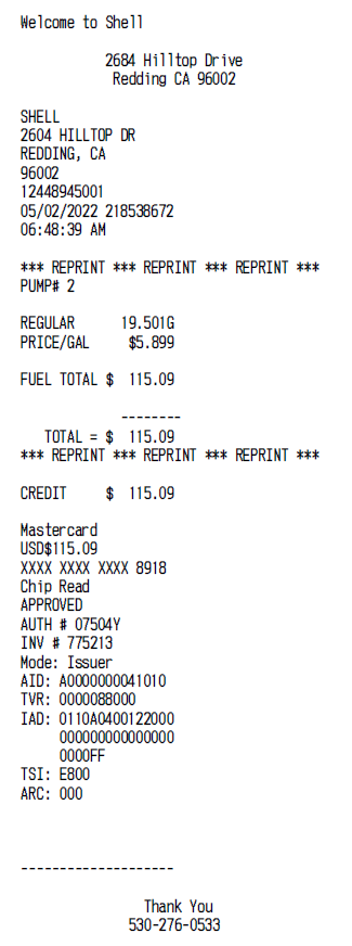 Shell Gas/Fuel Receipt Template 2