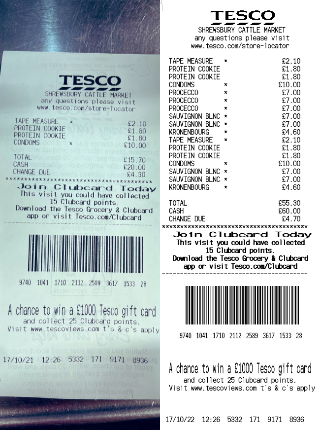 the template reproduced based on the Tesco receipt prototype